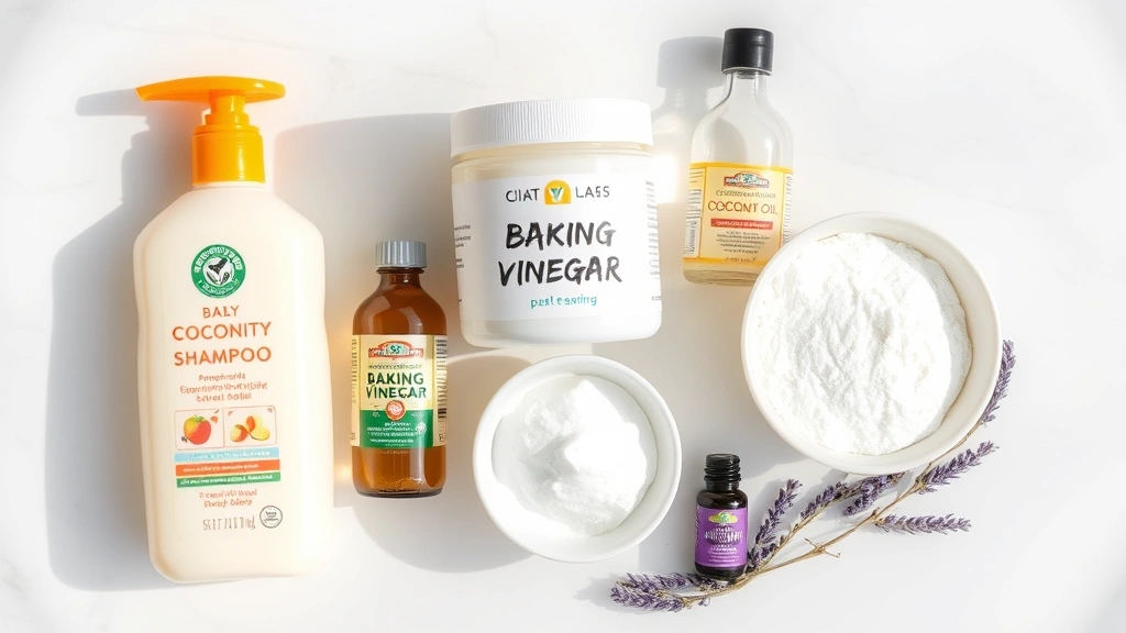 Flat lay arrangement of natural cleaning ingredients including baby shampoo bottle, coconut oil jar, apple cider vinegar bottle, baking soda in white bowl, and lavender essential oil, all on white marble surface with soft shadows