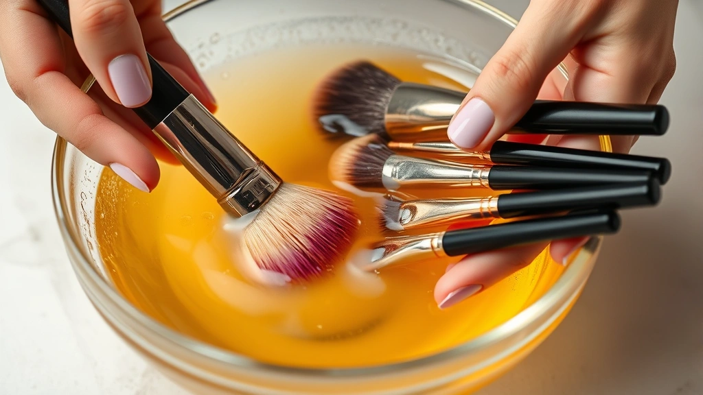Hands gently swirling makeup brushes in a clear glass bowl containing golden-tinted cleaning solution, water droplets visible on bristles