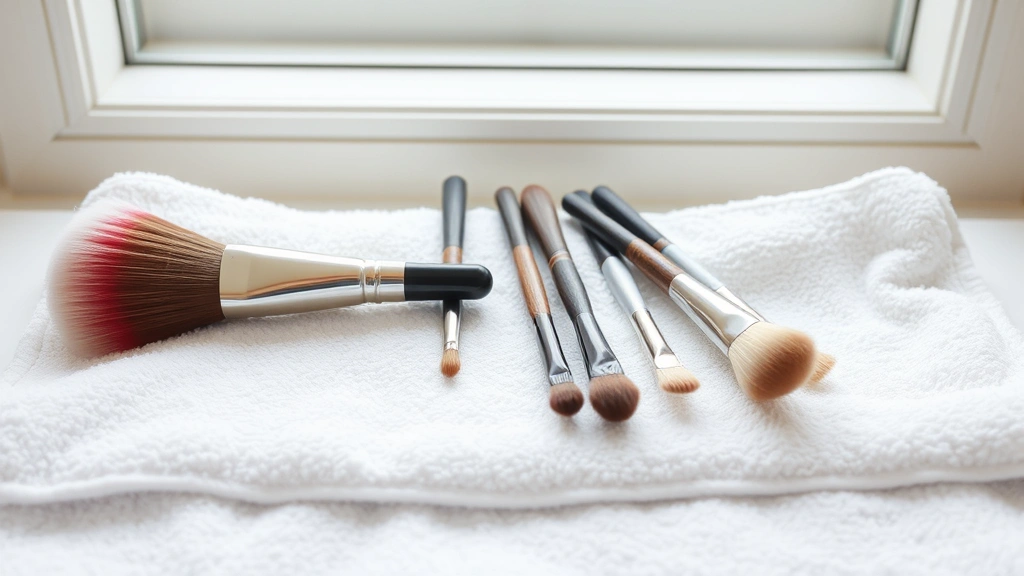 Clean makeup brushes laid horizontally on soft white towel to dry, bristles pointing in different directions, natural window light illuminating the bristles