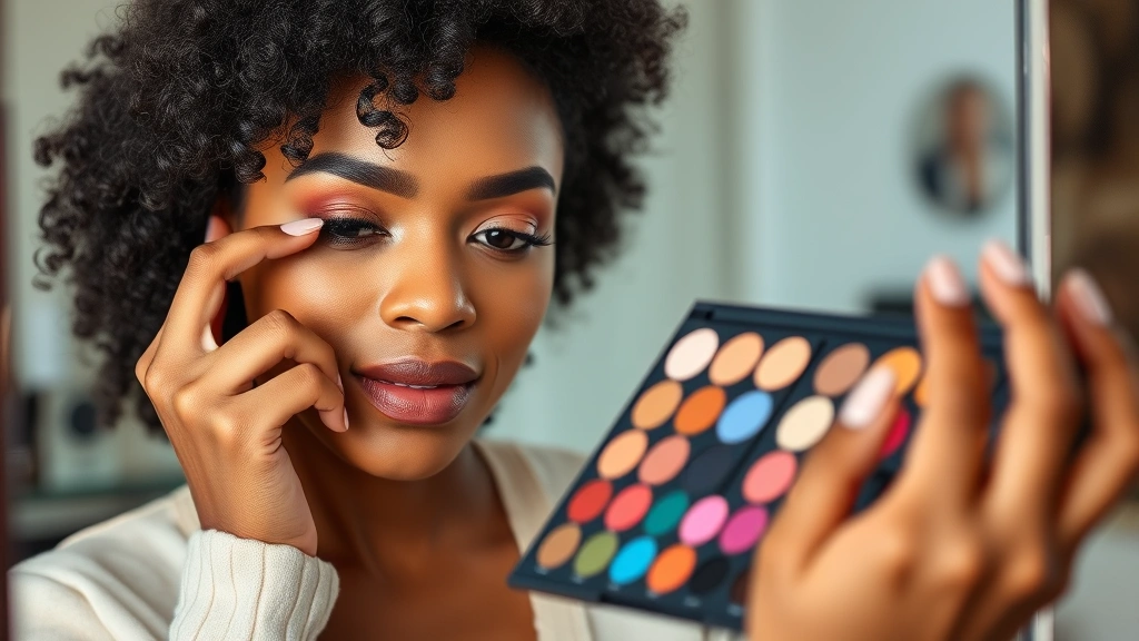 Young diverse woman applying colorful eyeshadow palette in mirror, professional beauty setting, natural lighting, close-up of makeup application and products