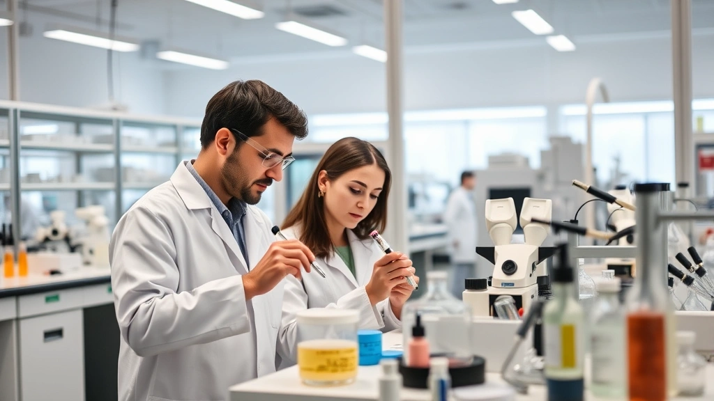 Modern cosmetics manufacturing laboratory with professional chemists in white coats examining product formulations, beakers and testing equipment, clean facility