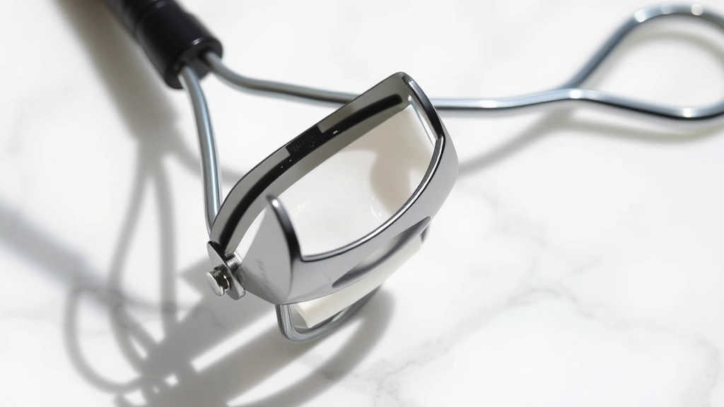 Close-up of an open eyelash curler with black handle and metal frame, showing the silicone pad, displayed on a white marble surface with natural lighting highlighting the product details