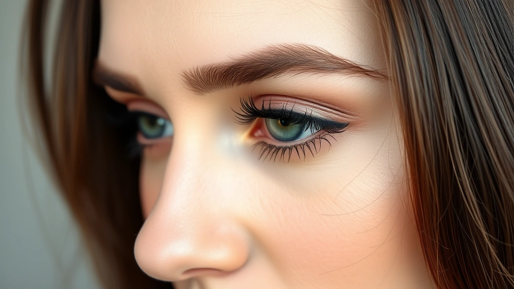 Woman's eye with beautifully curled dark lashes, demonstrating defined curl from root to tip, wearing minimal makeup with clean skin, professional beauty photography