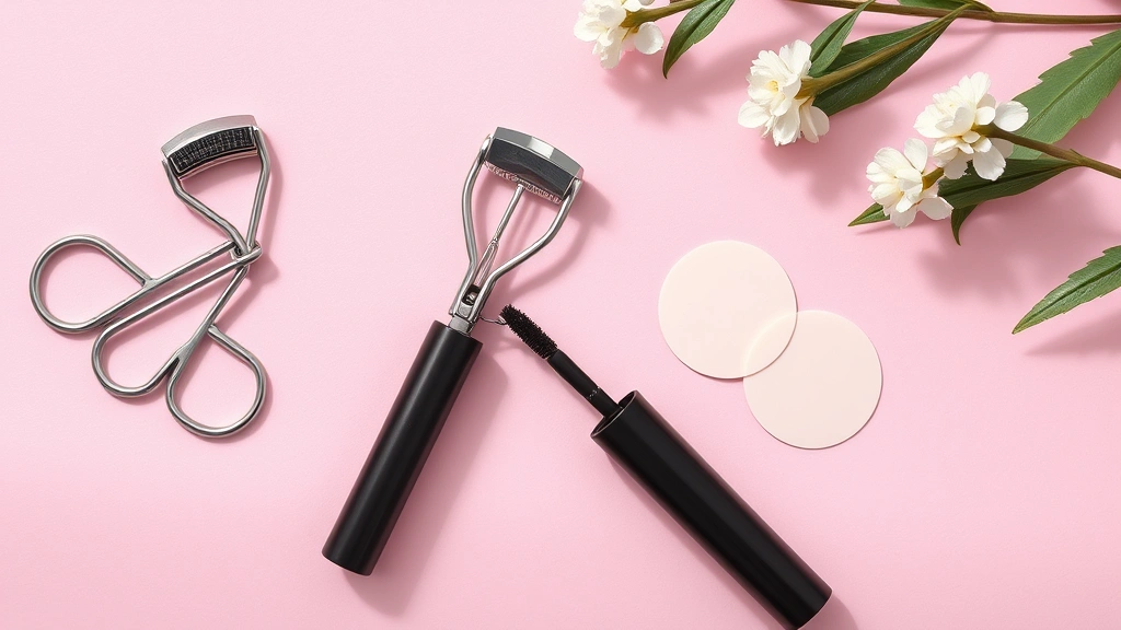 Flat lay composition showing an eyelash curler alongside a mascara wand and replacement silicone pads, arranged artfully on a soft pink background with natural diffused lighting