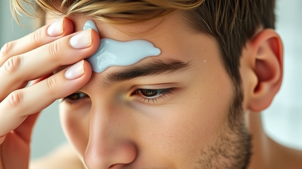 Close-up of a man's face applying light blue gel cleanser with fingertips to forehead, natural bathroom lighting, fresh and dewy appearance
