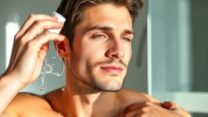 Male model applying lightweight gel cleanser to face with warm water, fresh morning light, clear complexion, modern bathroom setting