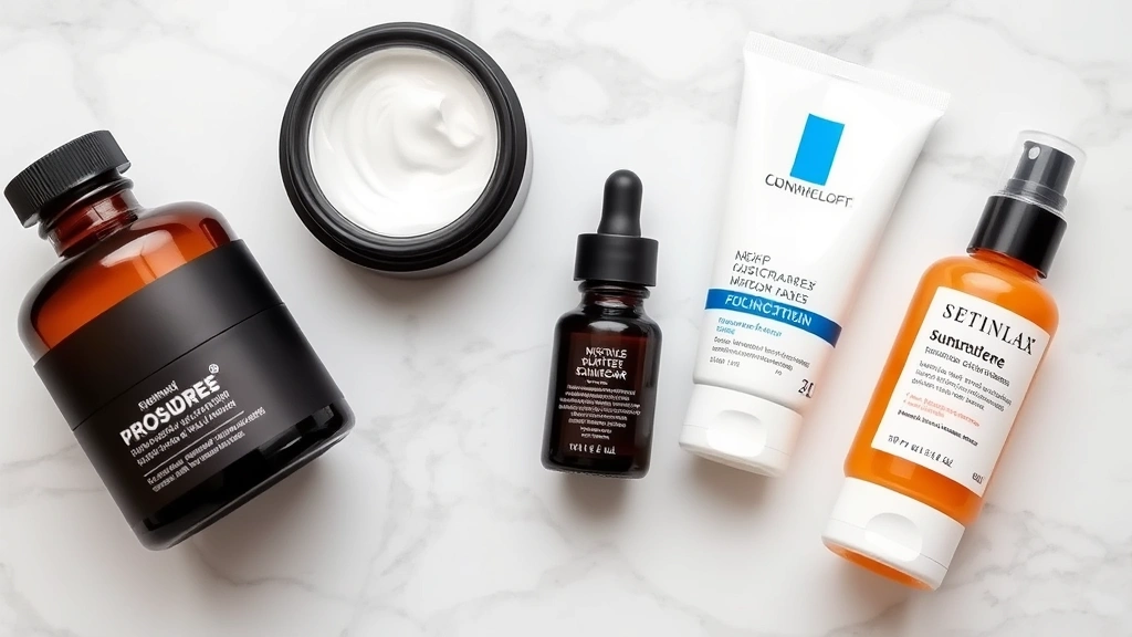 Flat lay of men's skincare products including moisturizer jar, serum bottle, sunscreen tube, and retinol bottle arranged on white marble surface