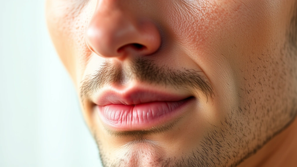 Close-up of man's face showing healthy glowing skin texture after skincare routine, natural daylight, smooth complexion with visible radiance