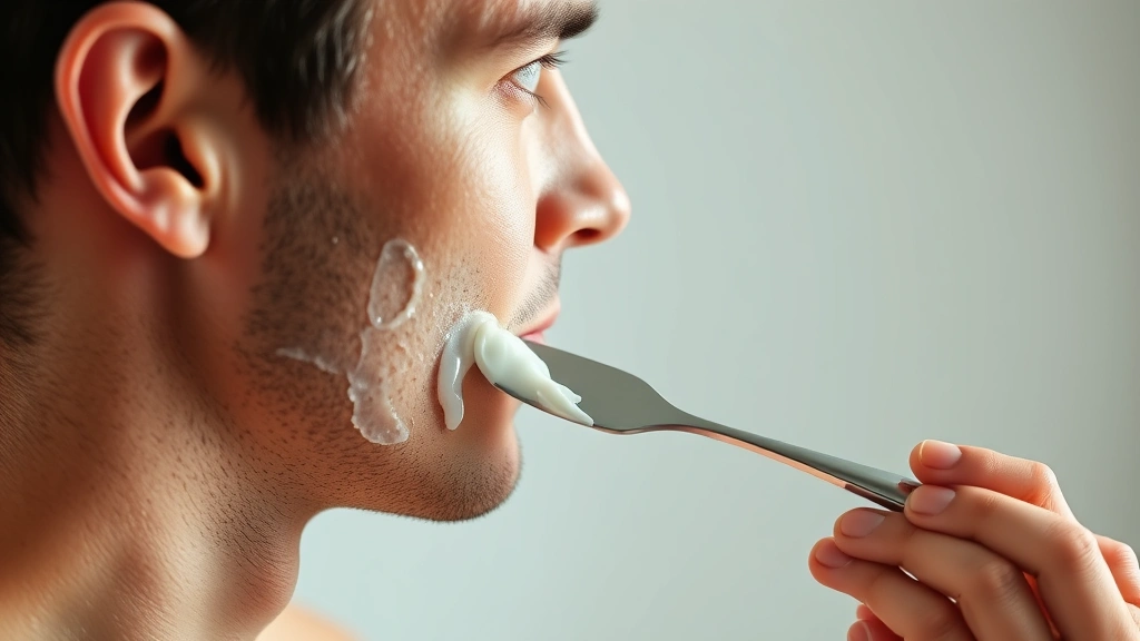 Profile view of a man applying clear moisturizer cream to cheek with spatula, focusing on skin texture and hydration, soft diffused lighting