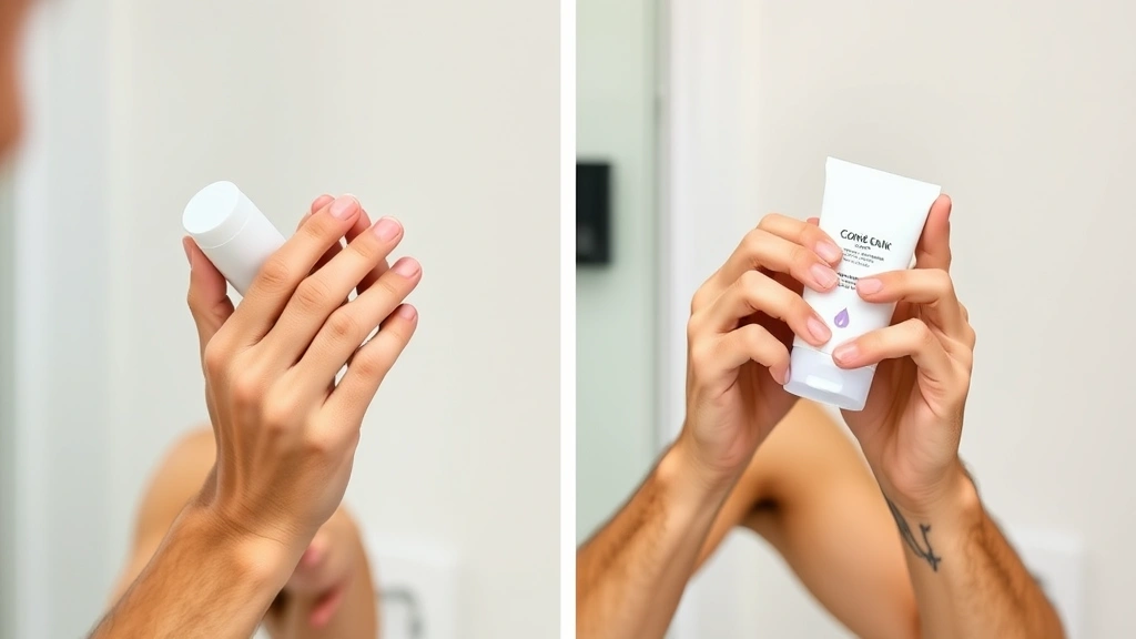 Man applying moisturizer and sunscreen in sequence, hands demonstrating proper application technique, morning bathroom routine, professional grooming