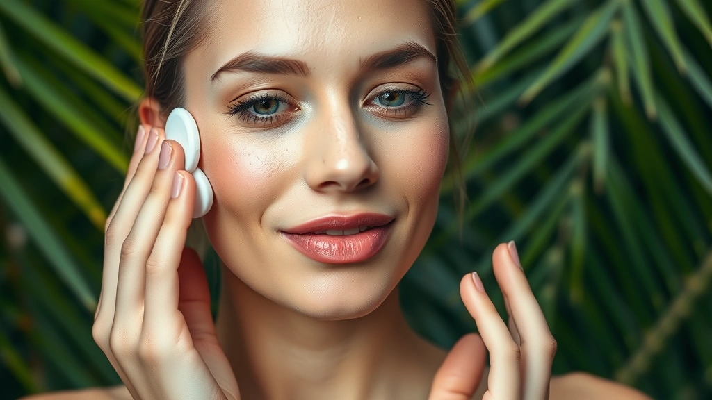 Woman with glowing, dewy skin in humid climate applying lightweight moisturizer with water droplets visible, tropical setting with palm leaves background, professional skincare photography