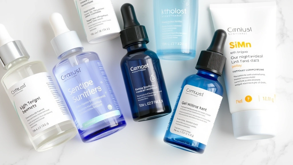 Close-up of skincare products arranged on white marble surface: lightweight serums, gel moisturizer, waterproof sunscreen, setting spray bottles, all in minimalist packaging, humidity droplets on glass containers, professional beauty photography