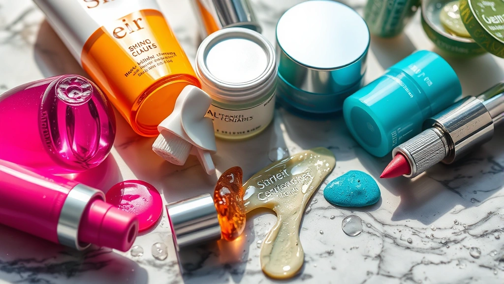 Close-up of colorful cosmetic products arranged artfully on marble surface with water drops and humidity condensation, showing various textures and formulations in natural light