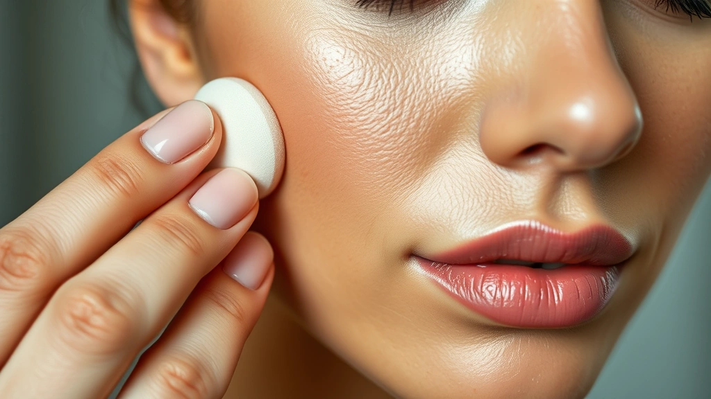 Close-up of a makeup artist applying dewy foundation with a beauty sponge to diverse skin tone, natural lighting, fresh glowing complexion visible