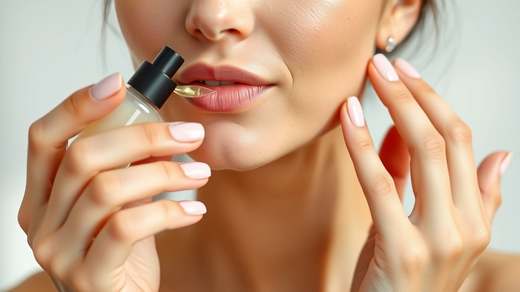 Woman applying liquid serum on clean, glowing skin, close-up of hands and face, natural lighting, dewy complexion, minimalist aesthetic