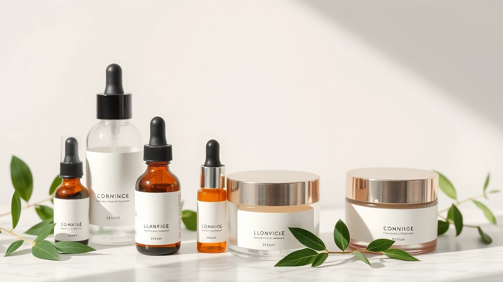 Minimalist skincare serum bottles and cream jars arranged on marble surface with green botanical elements, soft natural lighting, professional product display