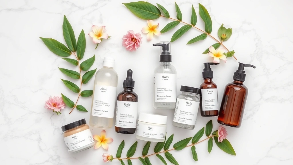 Assorted skincare product bottles and jars arranged on white marble surface with fresh botanical elements like green leaves and flowers, professional product photography