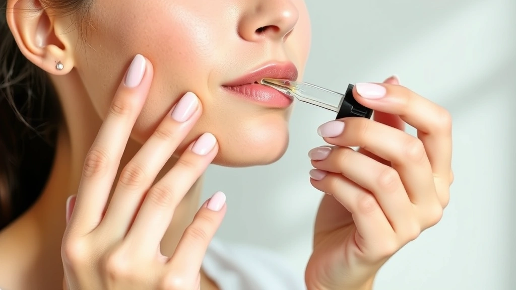 Woman applying lightweight facial serum to cheek with dropper, close-up of hands and face, natural indoor lighting, skincare routine moment