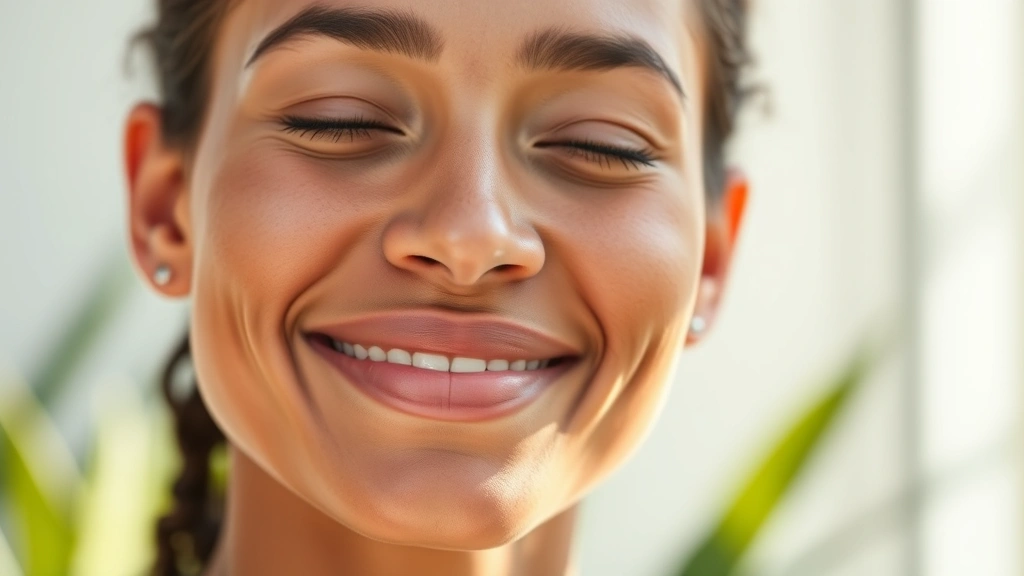 Person with radiant, hydrated skin after skincare routine, natural sunlight, bare face showing healthy glow, diverse skin tone, peaceful expression