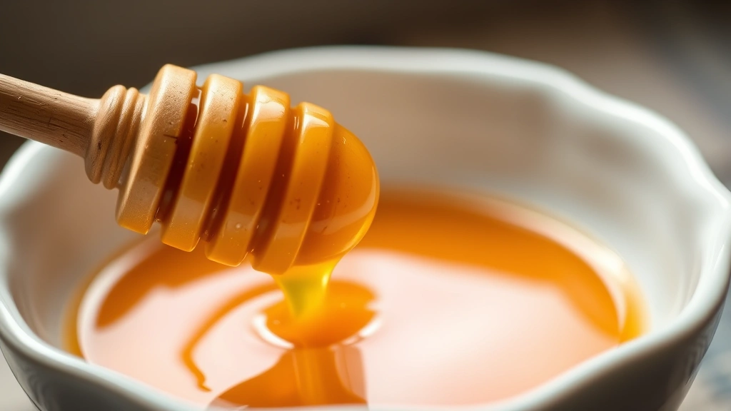 Close-up of golden honey dripping from wooden dipper onto white ceramic bowl, soft natural lighting, shallow depth of field, showing honey's glossy texture and golden amber color