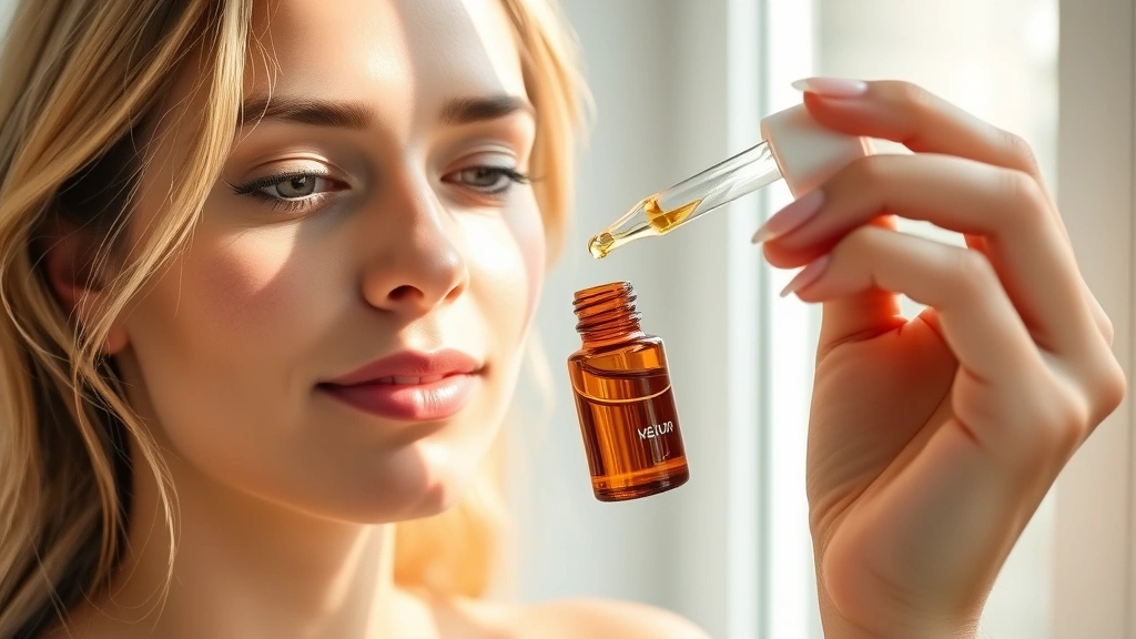 Woman with glowing, hydrated skin applying lightweight amber-colored serum from glass bottle with dropper, morning skincare routine, natural window lighting, serene spa aesthetic