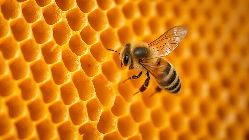 Honeycomb structure with fresh honeybee on waxy cells, macro photography, warm golden tones, shallow focus on honeycomb texture, natural light background