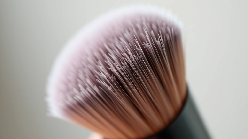 Close-up of high-quality synthetic makeup brush bristles with visible texture and softness, held at angle showing tapered design and bristle arrangement, professional beauty photography with soft natural lighting, no text or labels