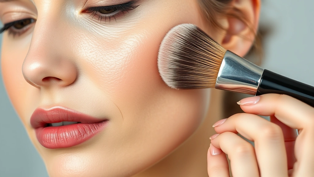 Woman applying foundation makeup with professional brush to cheek area, showing seamless blending technique, natural skin tone visible, professional lighting highlighting brush performance, close-up on application technique without face fully visible