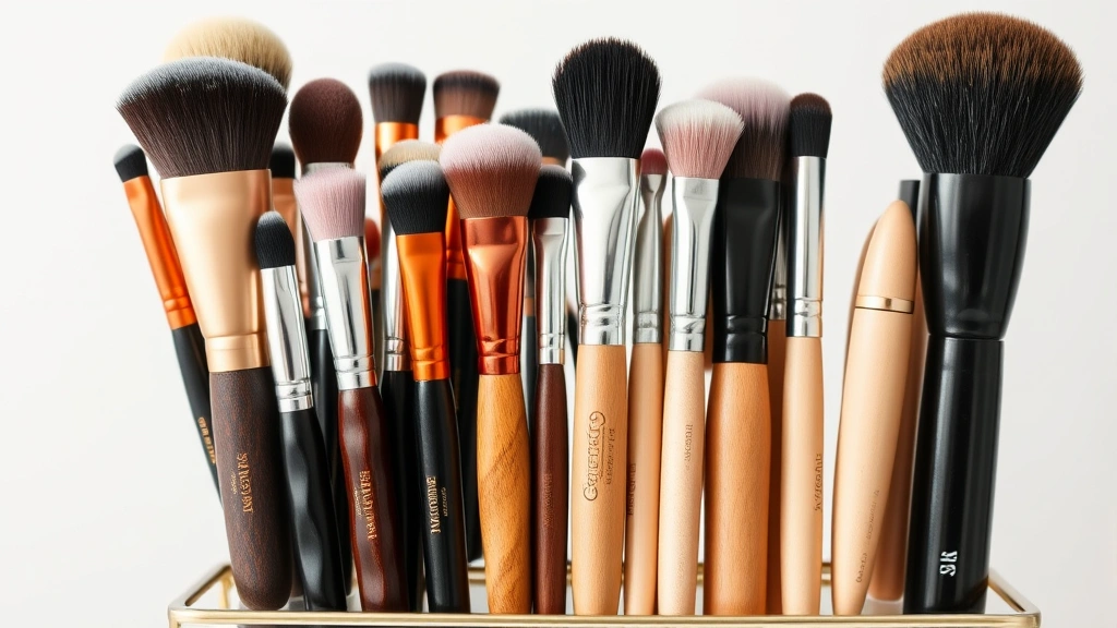 Organized collection of various makeup brush types displayed vertically in elegant holder, showing different brush shapes and sizes, wooden handles and metal ferrules clearly visible, clean minimalist background, professional beauty setup photography