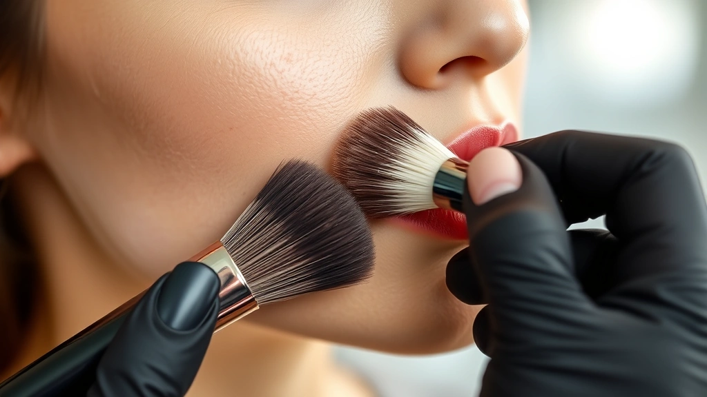 Close-up of professional makeup artist applying foundation with a dense-bristled brush to a woman's cheek using stippling technique, showing even coverage and natural blending on medium skin tone, natural lighting