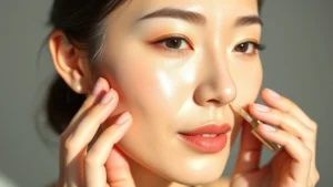 Professional Japanese woman with luminous, dewy skin applying essence serum to face with fingertips, showcasing natural radiance and healthy skin glow in soft natural lighting, minimalist aesthetic