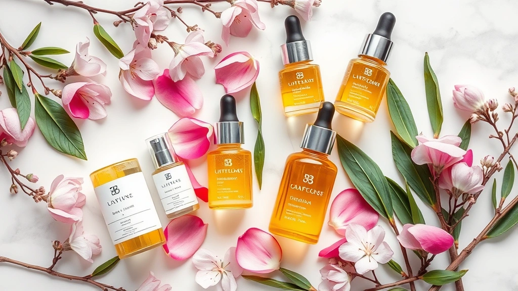Flat lay arrangement of Japanese skincare bottles and jars with clear glass packaging showing golden and translucent serums, arranged artfully with sakura petals and green tea leaves on white marble surface