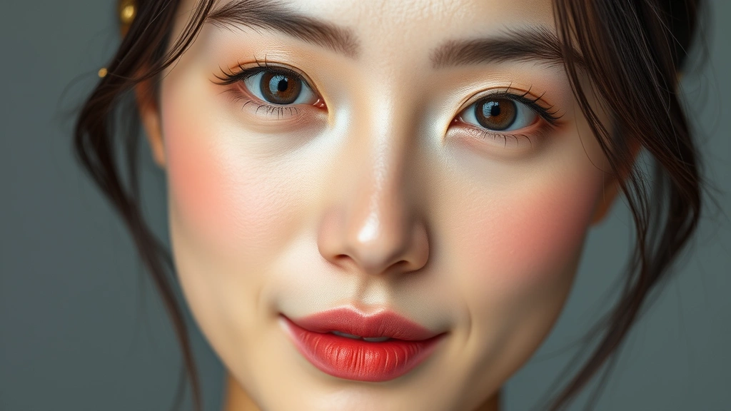 Close-up of Japanese woman's face showing flawless, poreless complexion with subtle makeup highlighting cheekbones, demonstrating the natural beauty enhancement philosophy of Japanese cosmetics brands