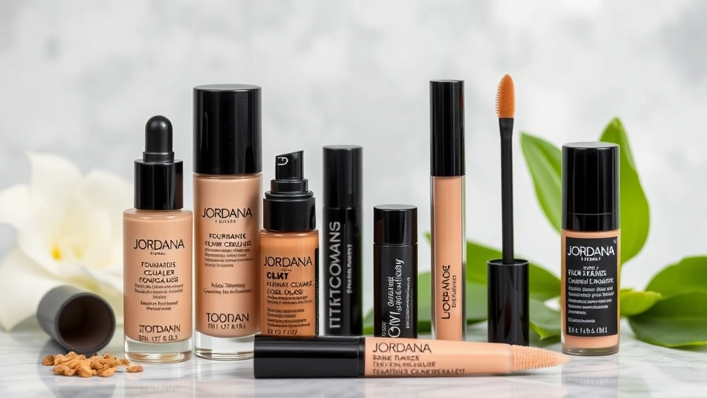 Jordana foundation and concealer products arranged with skincare ingredients like aloe, peptides, and green tea extract visible in background