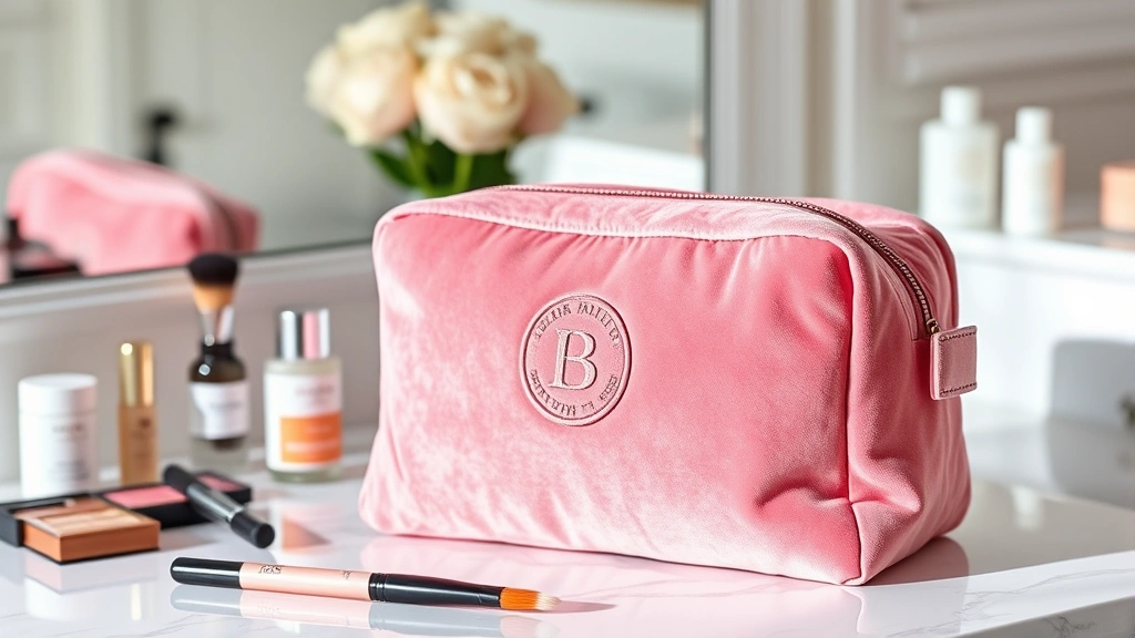 Luxurious pink velour cosmetic bag with embroidered logo displayed on white marble vanity with makeup brushes and skincare bottles nearby, soft natural lighting