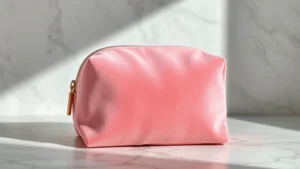 Velour cosmetic bag in pink displayed on marble surface, soft lighting highlighting texture and luxury appearance, no text or branding visible