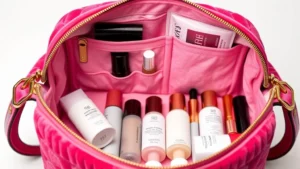 Luxurious velour cosmetic bag in signature pink with gold hardware, displayed open showing organized interior compartments, featuring organized makeup products and skincare bottles arranged neatly inside