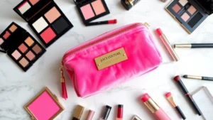 Flat lay of Juicy Couture cosmetic bag in signature hot pink velour with gold hardware, closed and styled with luxury makeup products around it on marble surface