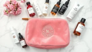 Flat lay of vintage pink velour cosmetic bag with embroidered logo, surrounded by luxury skincare bottles, serums, and moisturizers on marble surface, soft natural lighting