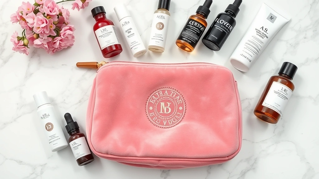 Flat lay of vintage pink velour cosmetic bag with embroidered logo, surrounded by luxury skincare bottles, serums, and moisturizers on marble surface, soft natural lighting