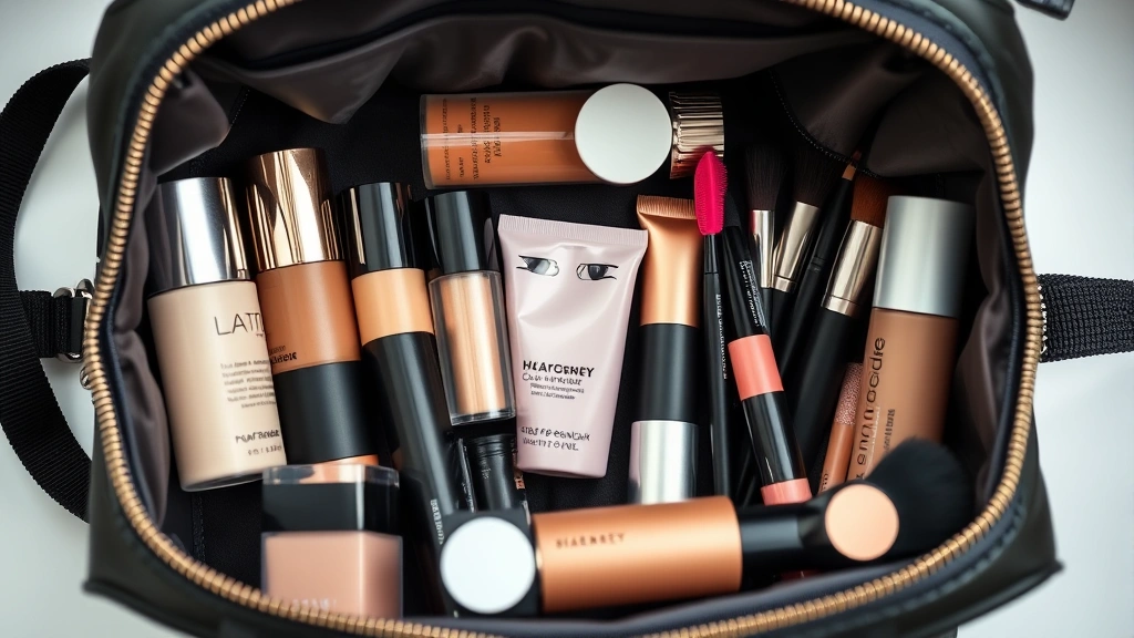 Open cosmetic bag interior showing organized makeup collection including foundation bottles, lipsticks, and brushes neatly arranged, clean professional photography