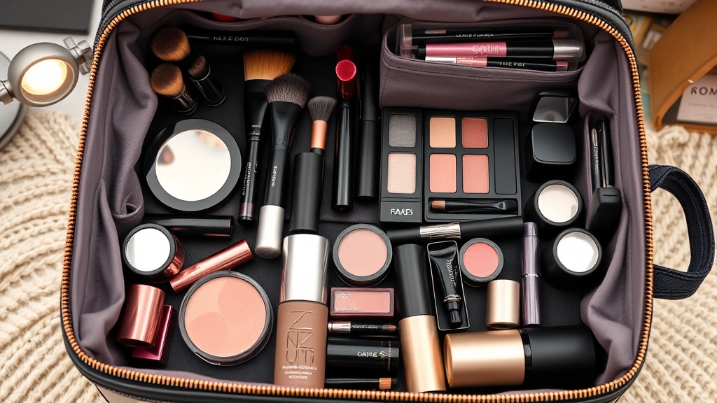 Organized makeup collection inside structured cosmetic bag showing compartments with brushes, palettes, and products neatly arranged, professional lighting
