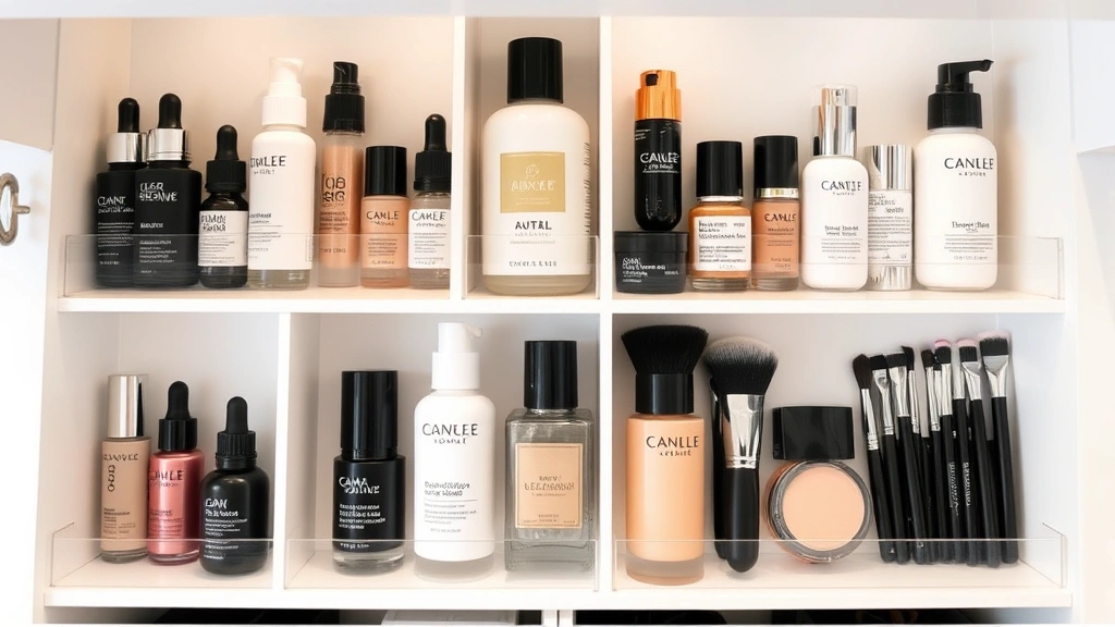 Organized makeup products displayed in compartments showing proper storage arrangement with skincare serums, foundations, and brushes neatly arranged in compartments with soft lighting