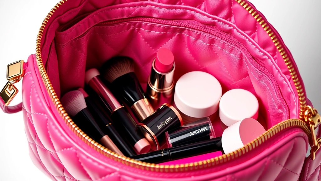 Close-up detail of quilted Juicy Couture cosmetic bag interior showing organized compartments with makeup brushes, lipsticks, and cream jars neatly arranged, studio lighting