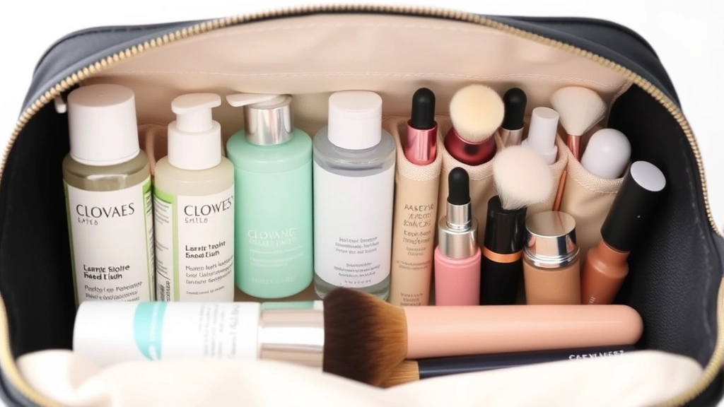 Organized cosmetic bag interior displaying skincare bottles, makeup products, and brushes neatly arranged, showcasing compartment functionality and storage capacity