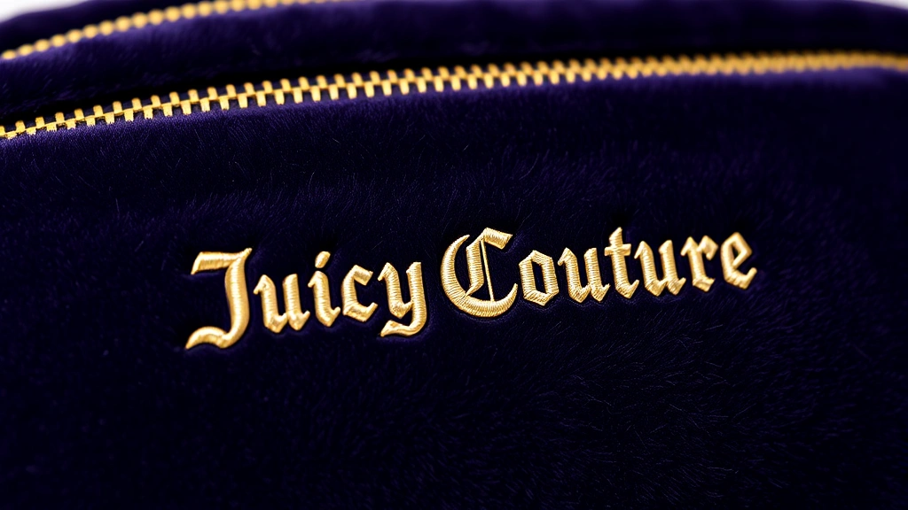 Close-up detail of Juicy Couture cosmetic bag's plush velour texture, gold zipper, and embroidered logo branding, showcasing material quality and craftsmanship