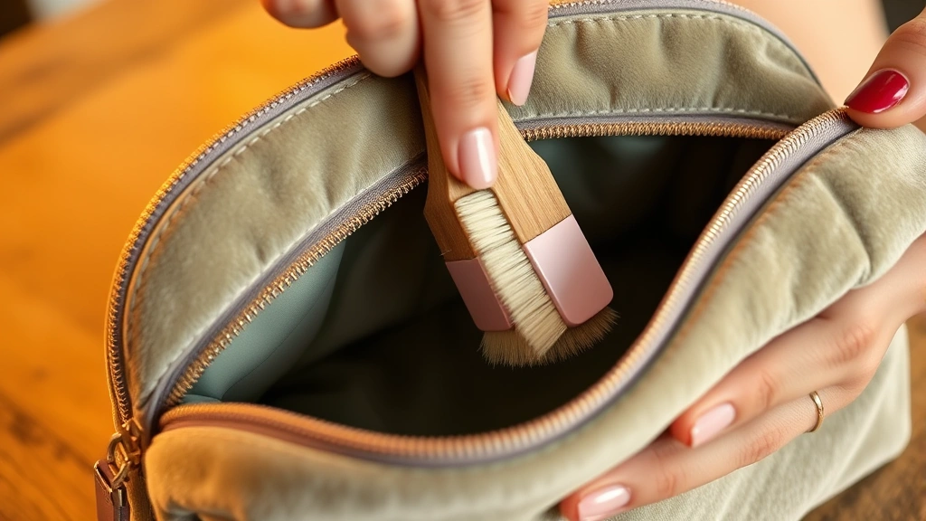 Woman's hands gently brushing the exterior of a velour cosmetic bag with a soft brush for maintenance, close-up detail shot with warm lighting
