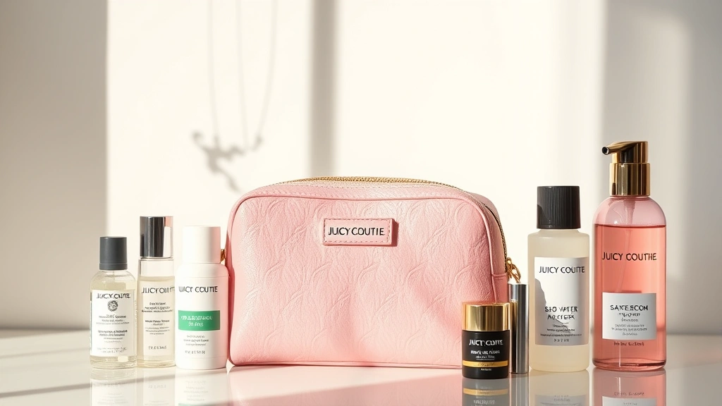 Juicy Couture style cosmetic bag photographed alongside skincare bottles and beauty products in flattering natural light, minimalist composition