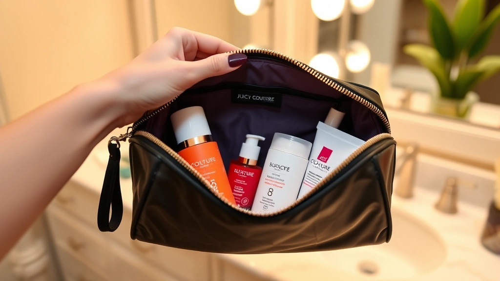 Woman's hand holding open Juicy Couture cosmetic bag displaying skincare product collection inside, bathroom vanity background, warm ambient lighting, product bottles visible