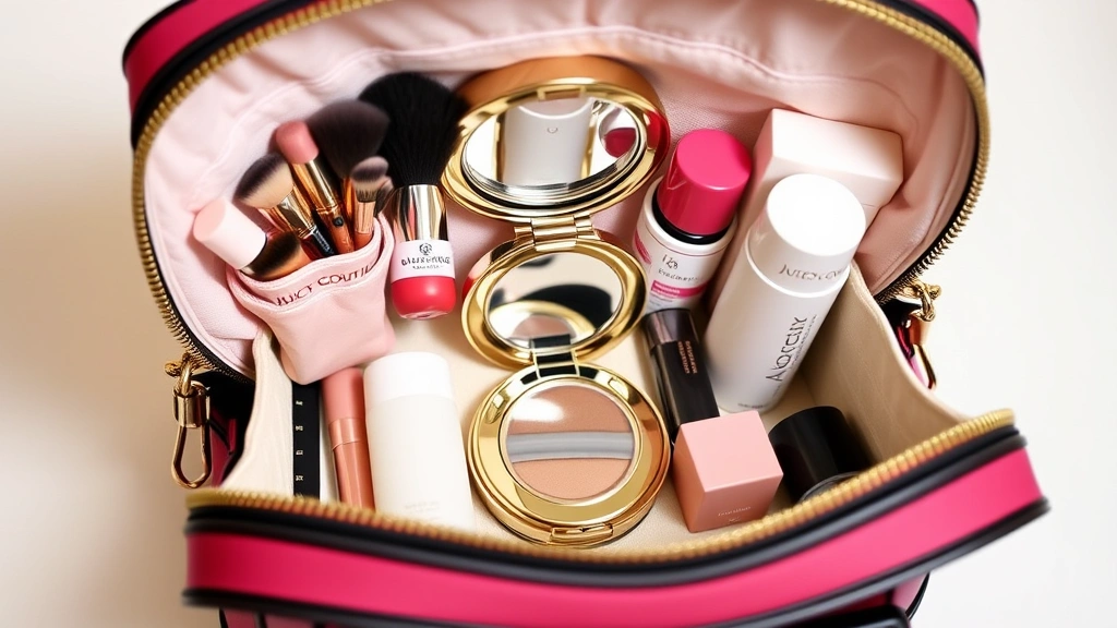 Open Juicy Couture cosmetic bag displaying interior storage with makeup brushes, lipsticks, compact mirror, and skincare products arranged inside the compartments